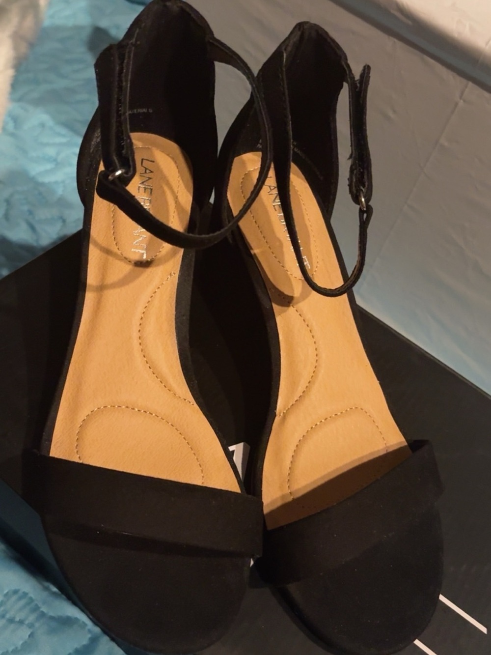 Lane Bryant Black Ankle-Strap Open-Toe Sandals with Tan Insole